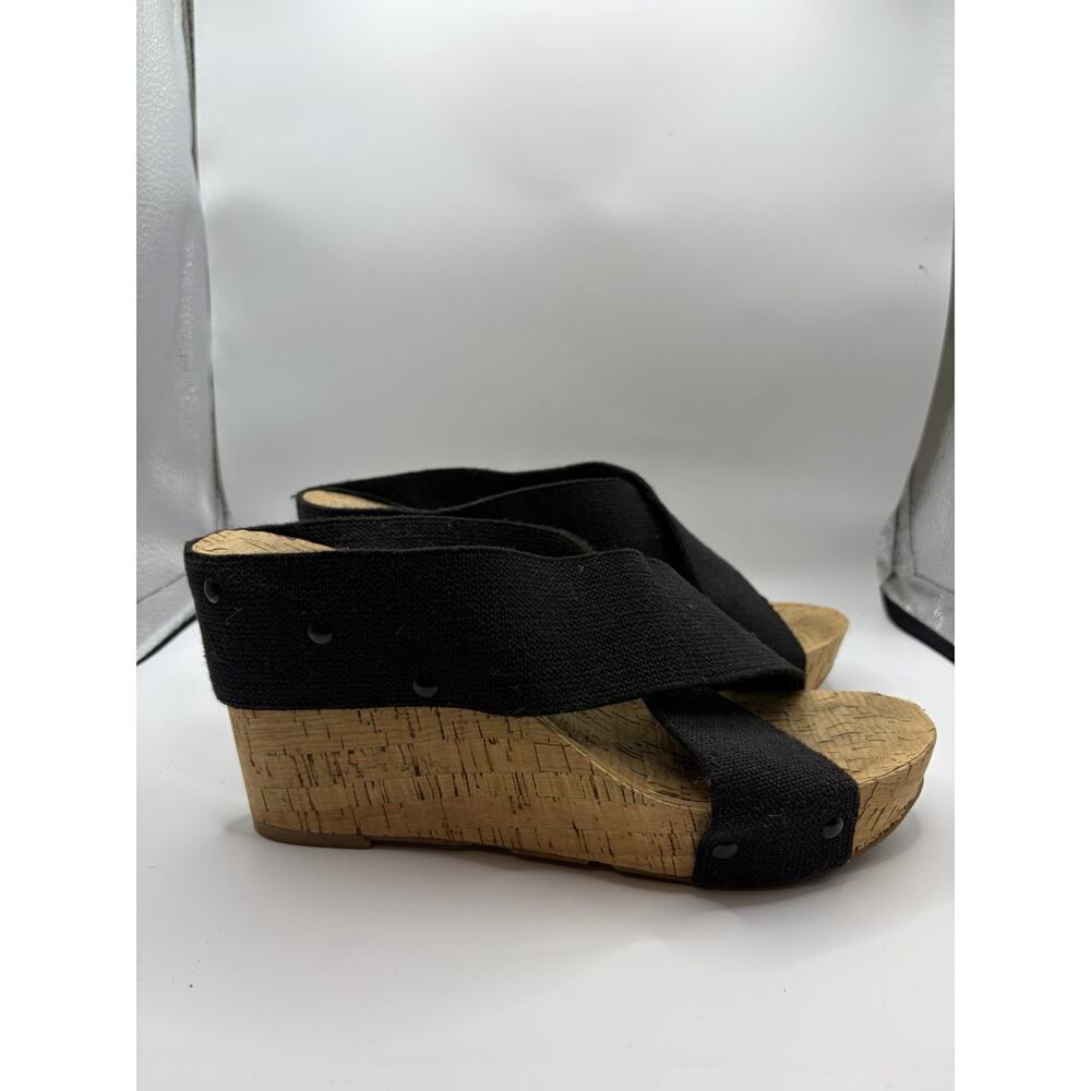 Lucky Brand Cork Wedge Sandals Womens 9 Black Canvas Criss Cross Slide Shoes - Picture 3 of 11